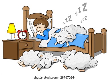 vector illustration of sheep fall asleep on the bed of a sleeping man