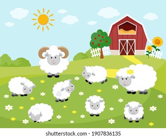 Vector illustration of sheep family in cartoon style. Farm background.