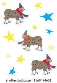 Vector illustration of a sheep in hat and scarf and skates on the stars background. Winter christmas greeting card. Flat graphic