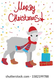 Vector illustration of a sheep in hat and scarf and socks on confetti background. Winter christmas greeting card. Flat graphic