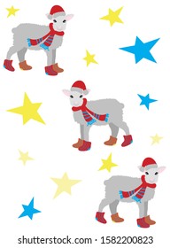 Vector illustration of a sheep in hat and scarf and socks on the stars background. Winter christmas greeting card. Flat graphic