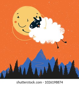 Vector illustration with sheep hugging with sun. Nature landscape with black pine forest and blue mountains