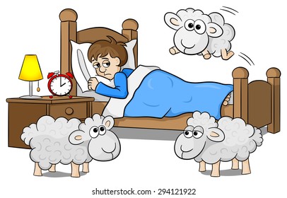 vector illustration of sheep jumping over the bed of a sleepless man