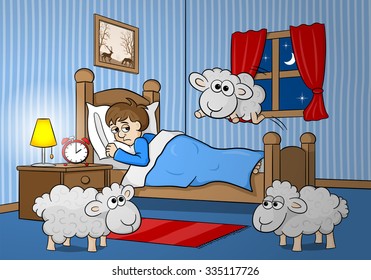 vector illustration of sheep jumping over the bed of a sleepless man