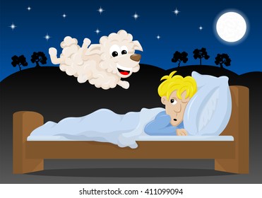 vector illustration of sheep jumping over the bed of a sleepless man