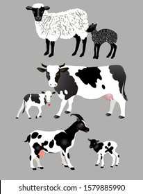 Vector Illustration. Sheep with lamb, cow with calf, goat with kid. Black and white animal breeds.