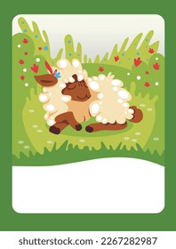Vector illustration of a sheep on a green meadow. It can be used as a playing card, for the development and education of children.