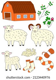 Vector illustration of a sheep, a ram and a lamb. Colorful image, isolated on white background. Educational use. Children's art. Idea for exercise book.