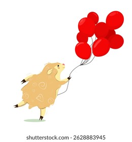 vector illustration of a sheep reaching for red balloons. Isolated on a white background