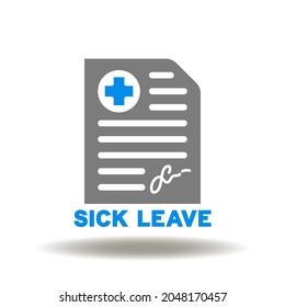 Vector illustration of sheet of document with medical cross and sign. Sick leave symbol.