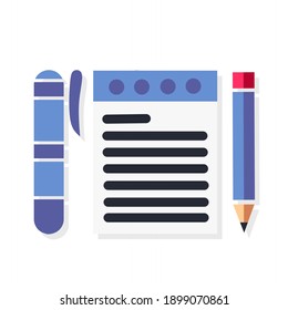 vector illustration of a sheet of note paper, pencil and ballpoint pen.  illustrations for notes, stationery.  minimalist flat design
