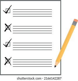 Vector illustration of a sheet with option boxes marked with crosses and check marks, with a pencil