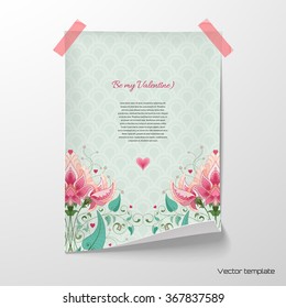 Vector illustration. Sheet of paper with bright flowers and delicate ornament tape to the wall. Fantasy flowers. All design elements consist of hearts. Wedding or Valentine's Day.