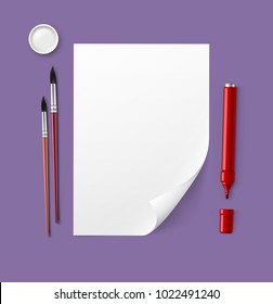 Vector illustration of sheet of paper with drawing tools pencil pen brush felt tip. Isolated on purple background