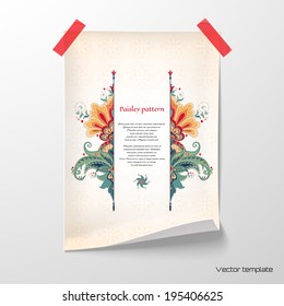 Vector illustration. Sheet of paper glued with adhesive tape to the wall. Beautiful floral oriental pattern in vintage style. Simple background.  Place for your text. 