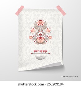 Vector illustration. Sheet of paper glued with adhesive tape to the wall. Damascus ornament with curved tree branch and leaves. Place for your text.