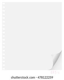 Vector illustration of a sheet of paper from a notebook with holes from the spring and curl