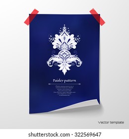 Vector illustration. Sheet of paper with oriental traditional paisley flower tape to the wall. Gradient mesh backdrop.