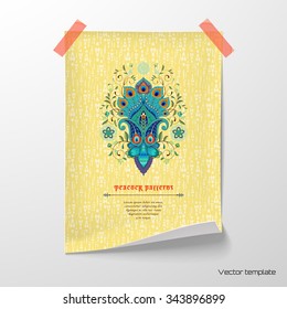 Vector illustration. Sheet of paper with oriental traditional paisley flower tape to the wall. Pattern with peacock feather elements. Delicate backdrop. 