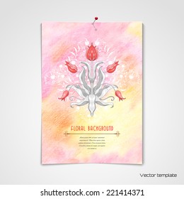 Vector illustration. Sheet of paper pinned to the wall.  Tulip flower floral ornament. Elegant decor with curls. Delicate colored pencil background. Hand drawing. Place for your text