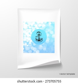 Vector illustration. Sheet of paper tape to the wall. Background with sun glare on the surface of the sea. The emblem of anchor and inscription as a rope. 