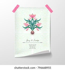 Vector illustration. Sheet of paper tape to the wall. Pink flowers of snowdrop on a background with leaves and branches