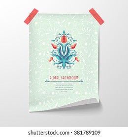 Vector illustration. Sheet of paper with tulip flower ornament tape to the wall. Floral pattern with curls.