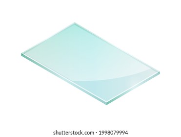 Vector illustration sheet of tempered glass isolated on white background. Realistic piece of glass icon in flat cartoon style. Isometric illustration shiny plate of industrial tempered glass.