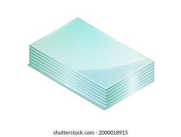 Hojas de ilustración vectorial de vidrio templado aislado sobre fondo blanco. Icono de pila realista de hojas de vidrio en estilo de dibujos animados planos. Isometric ilustración de placas brillantes de vidrio templado industrial.