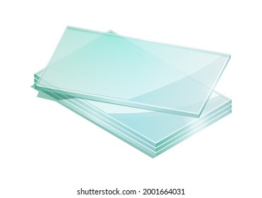 Vector illustration sheets of tempered glass isolated on white background. Realistic stack of glass sheets icon in flat cartoon style. Isometric illustration shiny plates of industrial tempered glass.