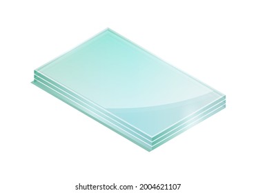 Hojas de ilustración vectorial de vidrio templado aislado sobre fondo blanco. Icono de pila realista de hojas de vidrio en estilo de dibujos animados planos. Isometric ilustración de placas brillantes de vidrio templado industrial.