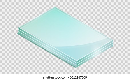 Vector illustration sheets of tempered glass isolated on transparent background. Realistic stack of glass sheets icon in flat style. Isometric illustration shiny plates of industrial tempered glass.