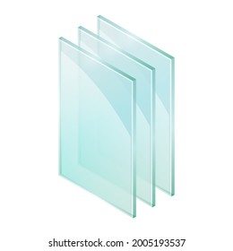 Vector illustration sheets of window glass isolated on white background. Realistic glass sheets icon. Isometric illustration shiny plates of industrial tempered glass. Triple glazed window pane.