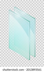 Vector illustration sheets of window glass isolated on transparent background. Realistic glass sheets icon. Isometric illustration shiny plates of industrial tempered glass. Double glazed window pane.