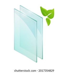 Vector illustration sheets of window glass isolated on transparent background. Realistic glass sheets icon. Cross-section diagram of a eco double glazed window pane. Recycling.