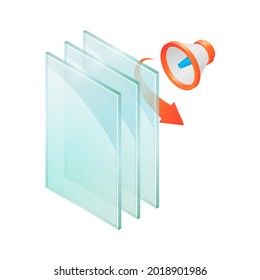 Hojas de ilustración vectorial de vidrio de ventana aisladas sobre fondo transparente. Icono de hojas de vidrio realistas. Diagrama de sección transversal de un panel de ventanas de doble acristalamiento insonorizado. Reducción de ruido.