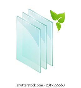 Vector illustration sheets of window glass isolated on transparent background. Realistic glass sheets icon. Cross-section diagram of a eco double glazed window pane. Recycling.
