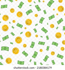 Vector illustration of Shekel currency. Random pattern of banknotes and coins in green and gold colors on transparent background (PNG). 