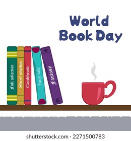 Vector illustration of a shelf with books and a cup with a drink. Banner for the World Writers' Day. Image for World Book and Copyright Day. The concept of the writer's block.