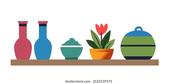 Una Ilustración vectorial de un estante que muestra elementos de decoración, incluidos jarrones y una planta en maceta. Aislado sobre un fondo blanco, en un estilo de diseño plano.