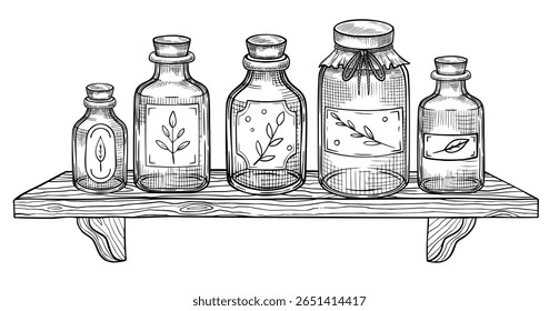 Vector illustration of a shelf with labeled glass apothecary bottles. Outline drawing with containers or jars for herbal remedy packaging, traditional medicine and botanical product in vintage style.