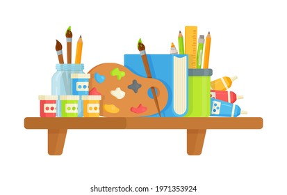 Vector illustration of a shelf with paints isolated on a white background. Art school. Racks with cans and paint containers.  