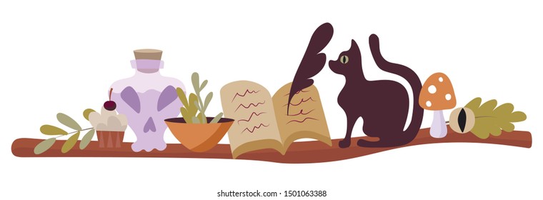 Vector illustration of a witch’s shelf with potions, a book and a cat