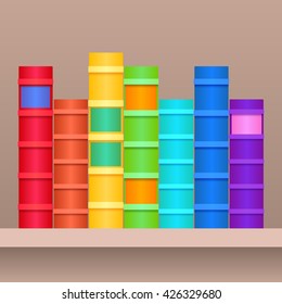 Vector illustration of shelf with rainbow books.Realistic books in row separately from the background