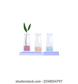Vector illustration of a shelf with three flasks with different fillings, from which one plant sprouted. Gardening, growing or research. Icon for interior design. Flat style. Isolated background.