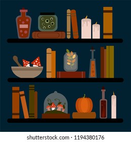 vector illustration of a shelf with witch things: books, bottles, potions, candles and mushrooms on a dark background