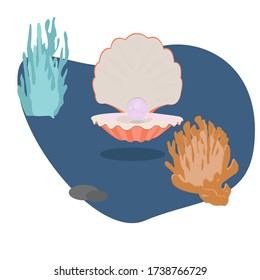 vector illustration
shell with pearls near the coral on the seabed