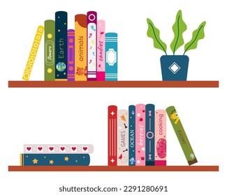 Vector illustration of shelves with colorful stacks of childrens books and flower pots. Cartoon shelves with various books about flowers, candies, planet, games, ocean, cooking, garden on white.