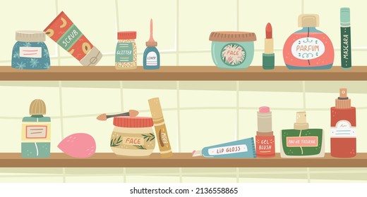 Vector illustration with shelves with decorative cosmetics and skin care products.