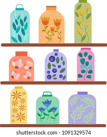vector illustration of shelves with different jars with flowers and fruits without background